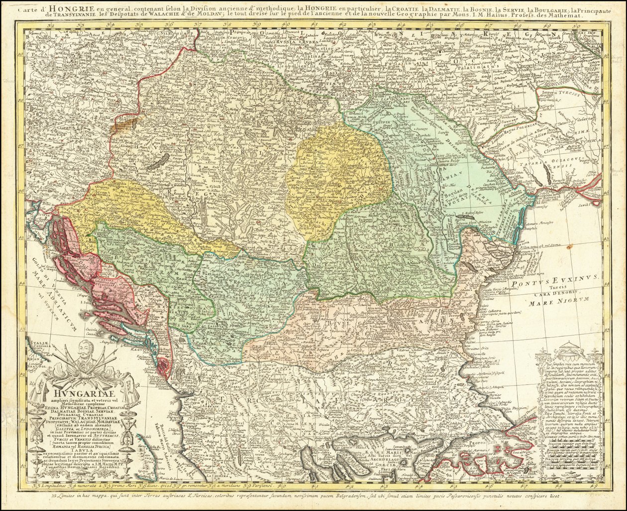 Johann Matthias Hasen vuonna 1744 laatima kartta Balkanin niemimaasta, jonka keskipisteenä on Unkarin kuningaskunta. tekijältä Johann Matthias Hase
