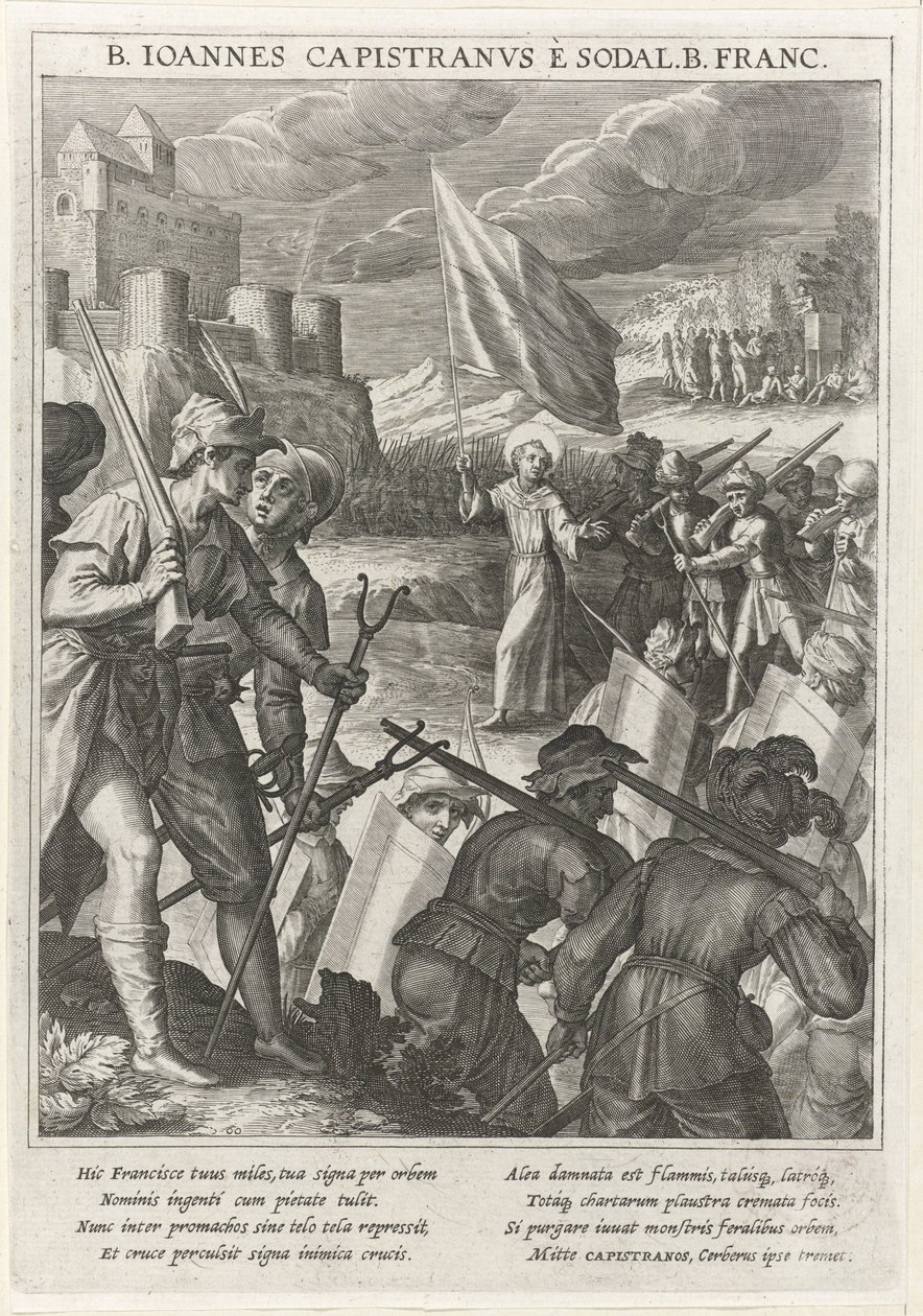 Pyhä Johannes Kapistranolainen johtaa kristillisiä joukkoja Belgradin piirityksessä vuonna 1615 tekijältä Johann Matthias Kager