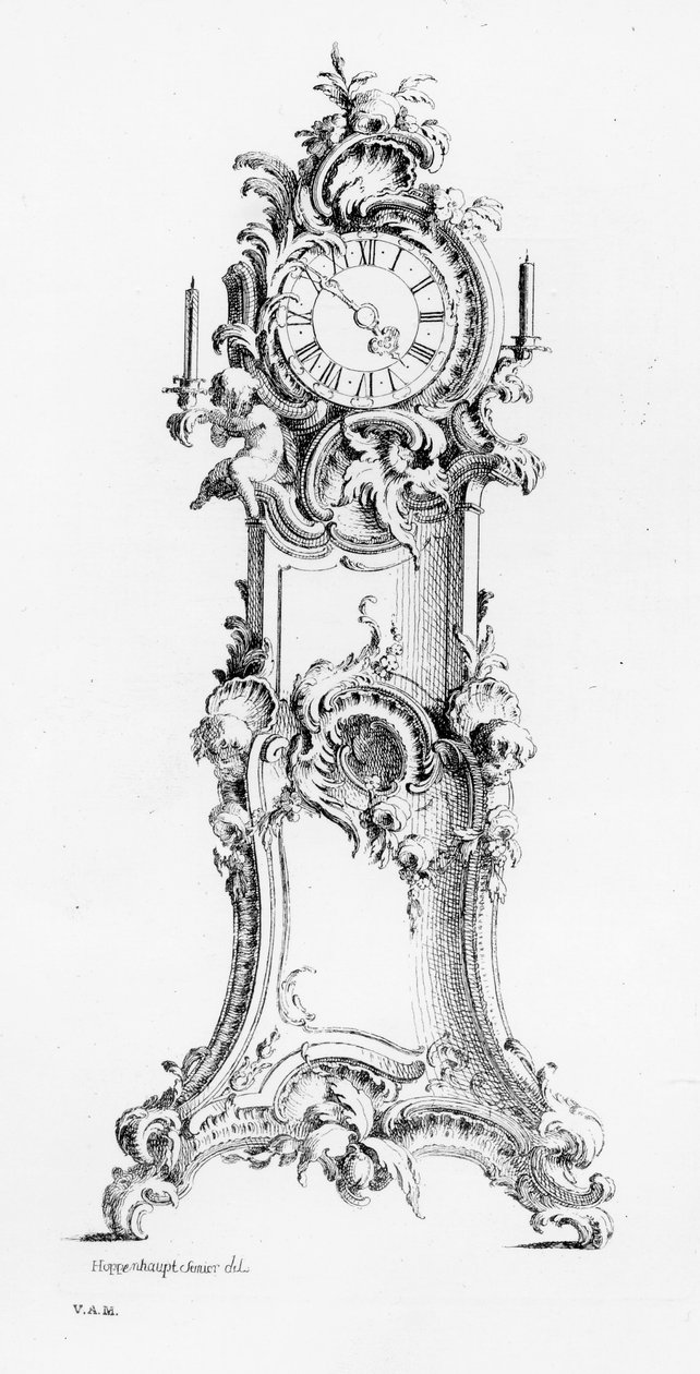 Suunnittelu pitkälaukkukellolle, n. 1750 tekijältä Johann Michael Hoppenhaupt