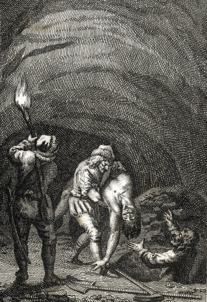 Morte de Guilherme II da Holanda morto pelos frísios, que secretamente o enterraram sob o chão de uma casa Gravura de Johann Michael Mettenleiter (1765-1853) 1800 Coleção particularfinlandês tekijältä Johann Michael Mettenleiter