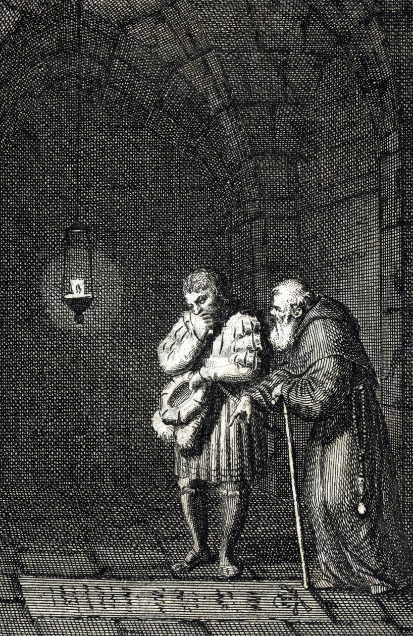Keisari Kaarle IV (1346-1378) keräämässä Saksin Widukindin (tai Saksin Wittekindin) haudalle Enger-Saksaa vuonna 1377 (Kaarle IV, Pyhän Rooman keisari Widukindin (Widuking tai Wittekind) haudalla Engerissä, Saksassa) Kaiverrus Kirjailija: Johann Michael Me tekijältä Johann Michael Mettenleiter