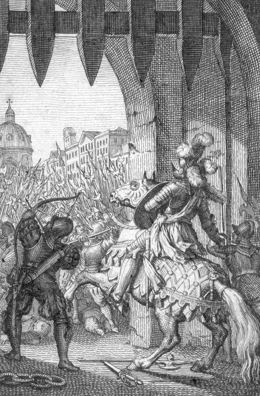 Henrik VII:n Luxemburgilainen (1275-1313) saapui Roomaan vuonna 1312 (Henry VII, Pyhän Rooman keisari saapuessaan Roomaan kruunatakseen keisariksi 1312) Johann Michael Mettenleiterin kaiverrus (1765-1853) Yksityinen kokoelma 1800 tekijältä Johann Michael Mettenleiter