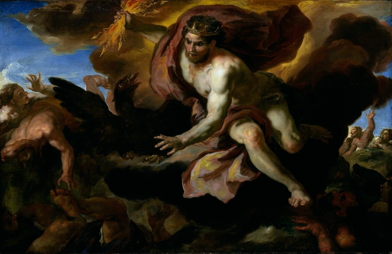 Jove heittää ukkosensa Kapinajättiläisille tekijältä Johann Michael Rottmayr