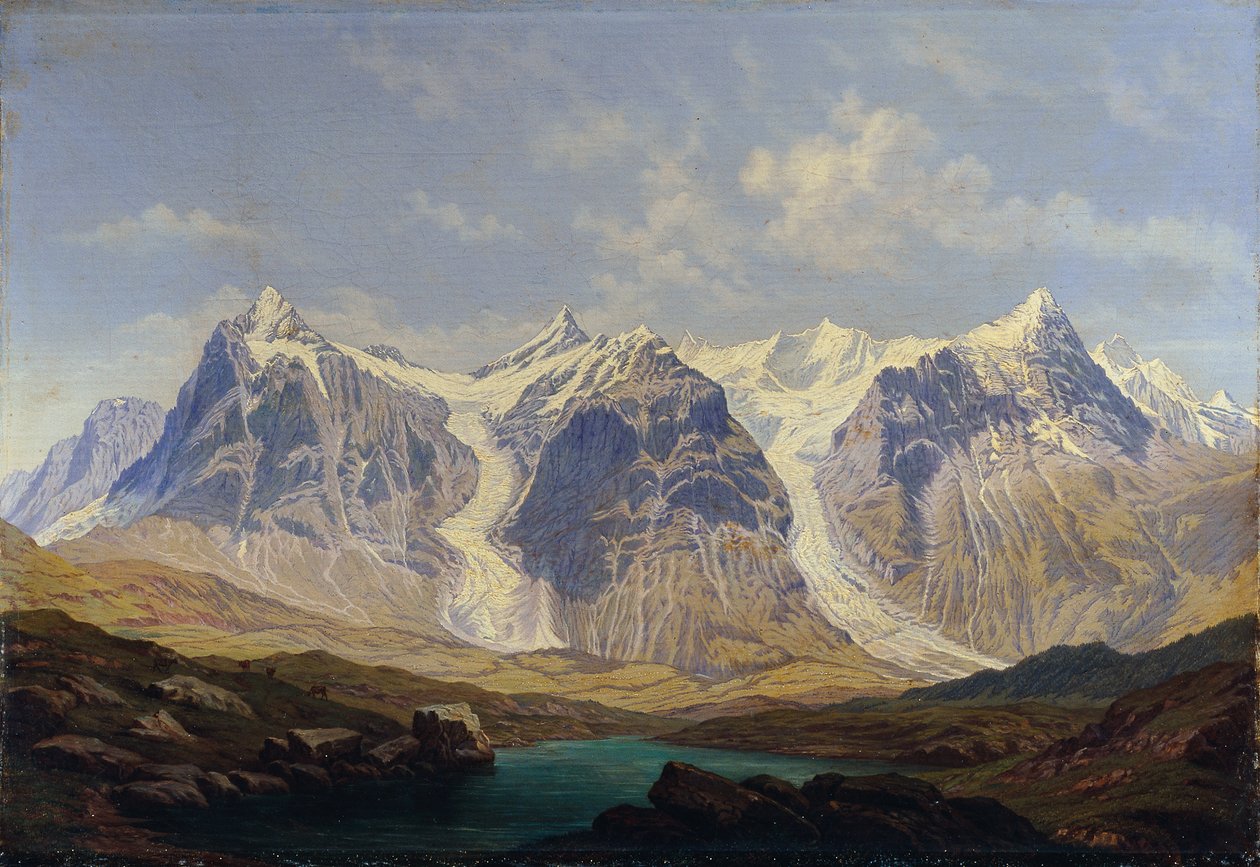 Wetterhorn, Mettenberg ja Eiger sekä kaksi Grindelwald-jäätikköä niiden välissä tekijältä Johann Michael Sattler