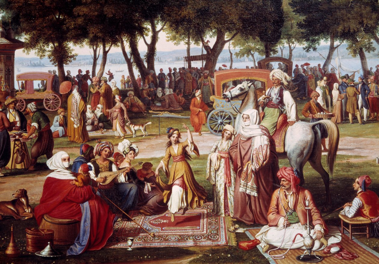 Makean veden Aasia Konstantinopolissa - Makeaa asumista: ryhmä miehiä ja naisia tupakoimassa, tanssimassa - Johann Wittmerin (1802-1880) maalaus 1837 Yksityiskohta - München, Neue Pinakothek tekijältä Johann Michael Wittmer