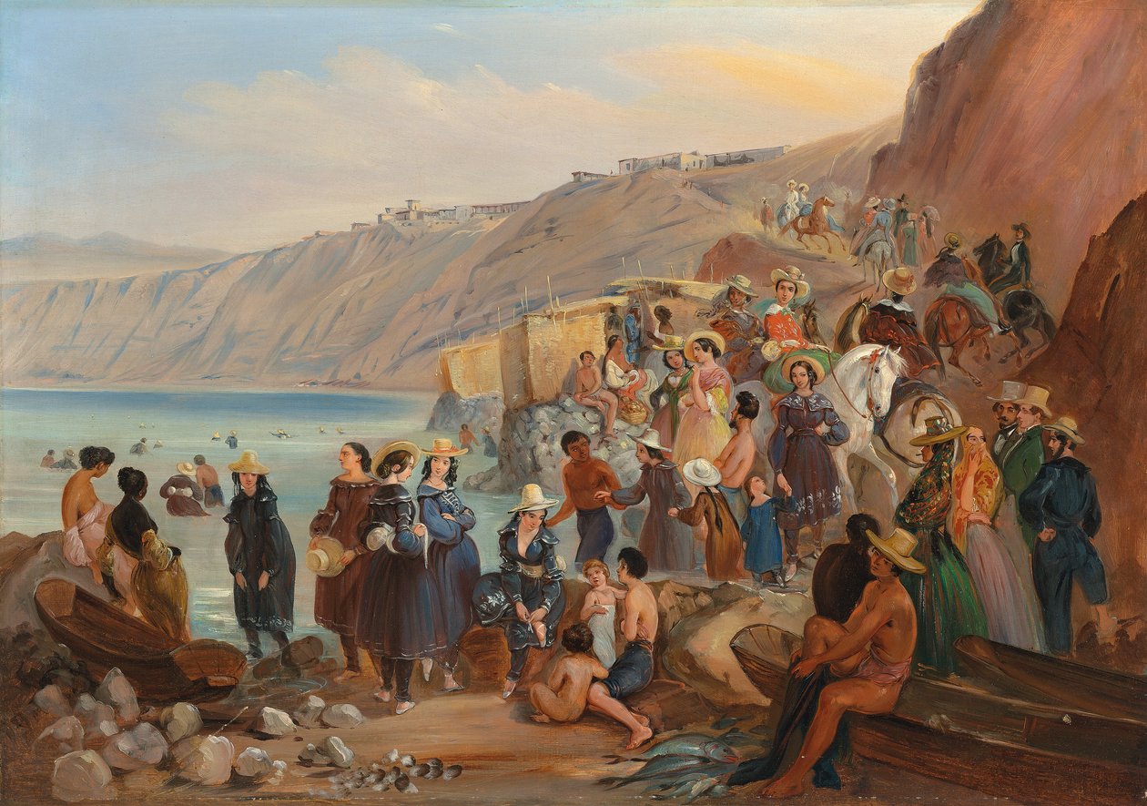 Uimarit Chorillosin rannalla, Miraflores, Lima tekijältä Johann Moritz Rugendas