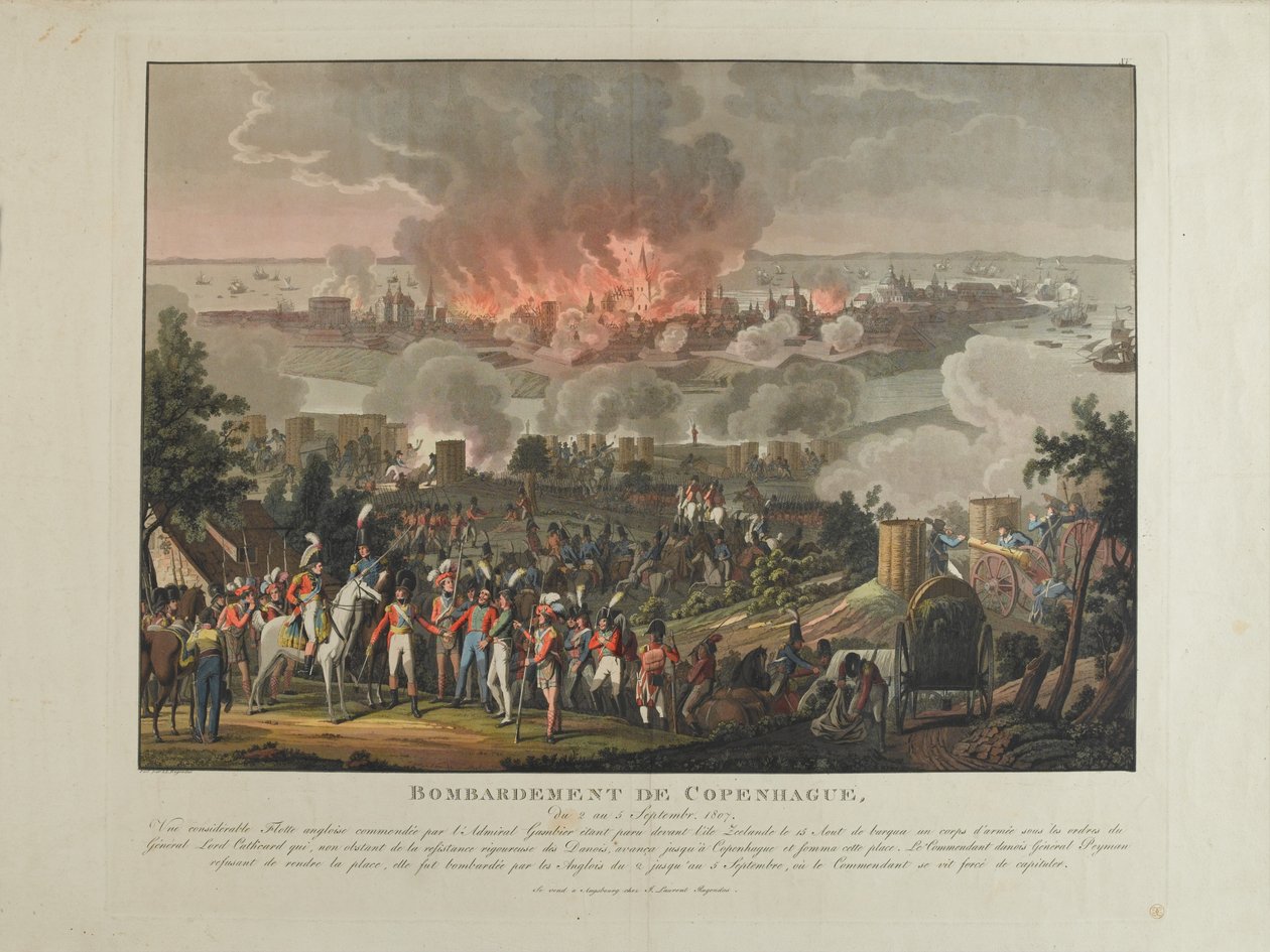 Kööpenhaminan pommitus, 2.-5. syyskuuta 1807, värillinen akvatinta J. Laurent Rugendasin toimesta, julkaisija J. Laurent Rugendas, Augsburg, 1807 tekijältä Johann Moritz Rugendas