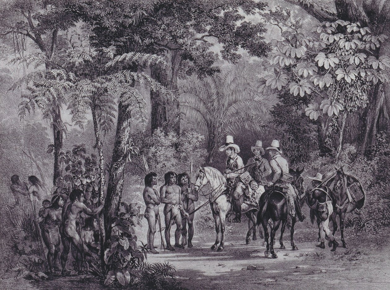 Intiaanien tapaaminen Euroopan tutkimusmatkailijoiden kanssa "Picturesque Voyage to Brasilian" tekijältä Johann Moritz Rugendas