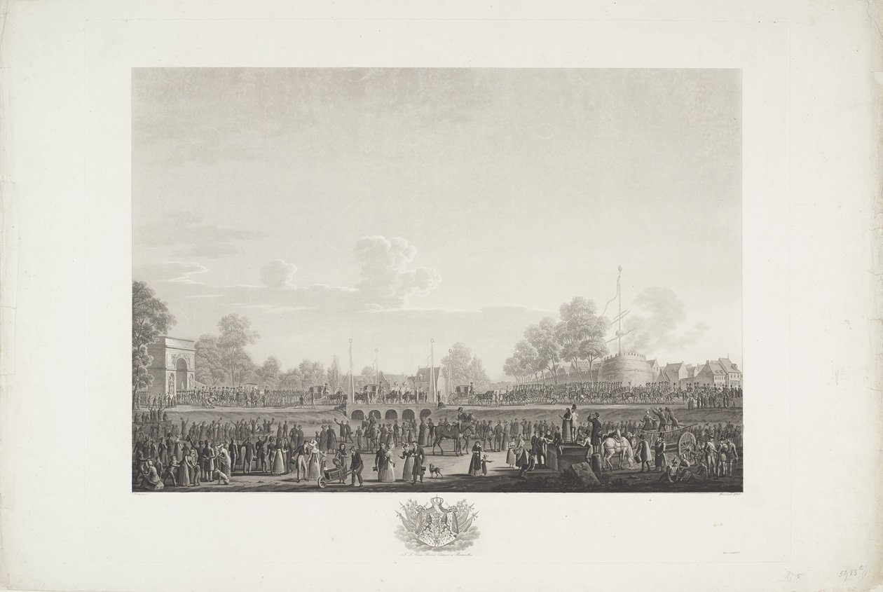 Kuningas Vilhelm I:n saapuminen Brysseliin 1815 Kaksitoista levyä William I:n saapumisesta ja virkaanastumisesta Brysseliin sekä taisteluista Quatre-Brasissa ja Waterloossa vuonna 1815 (sarjan nimi) tekijältä Johann Nepomuk Gibèle