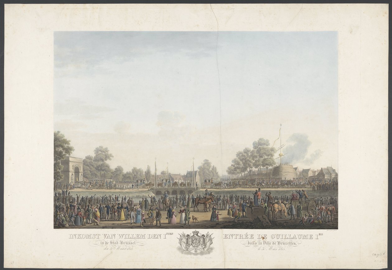 William 1:n saapuminen Brysselin kaupunkiin 30. maaliskuuta 1815 / Entrée de Guillaume 1er dans la Ville de Bruxelles, le 30th Mars 1815 (otsikko esineessä) Kaksitoista levyä William I:n saapumisesta ja virkaanastumisesta Brysseliin ja taisteluista Quatre- tekijältä Johann Nepomuk Gibèle