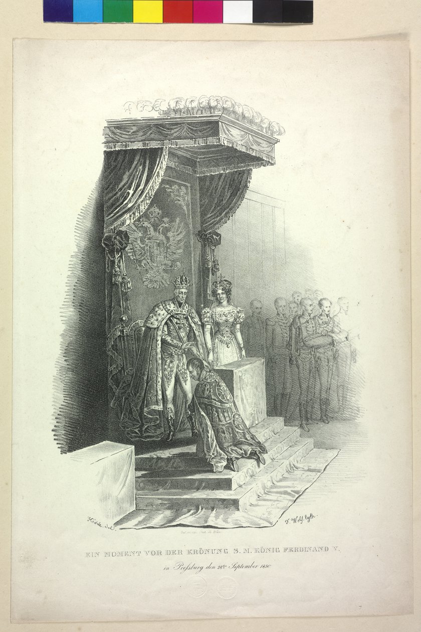 Hetki ennen kuningas Ferdinand V:n kruunajaisia Bratislavassa 28. helmikuuta. syyskuuta 1830 (litografia) tekijältä Johann Nepomuk Hoechle