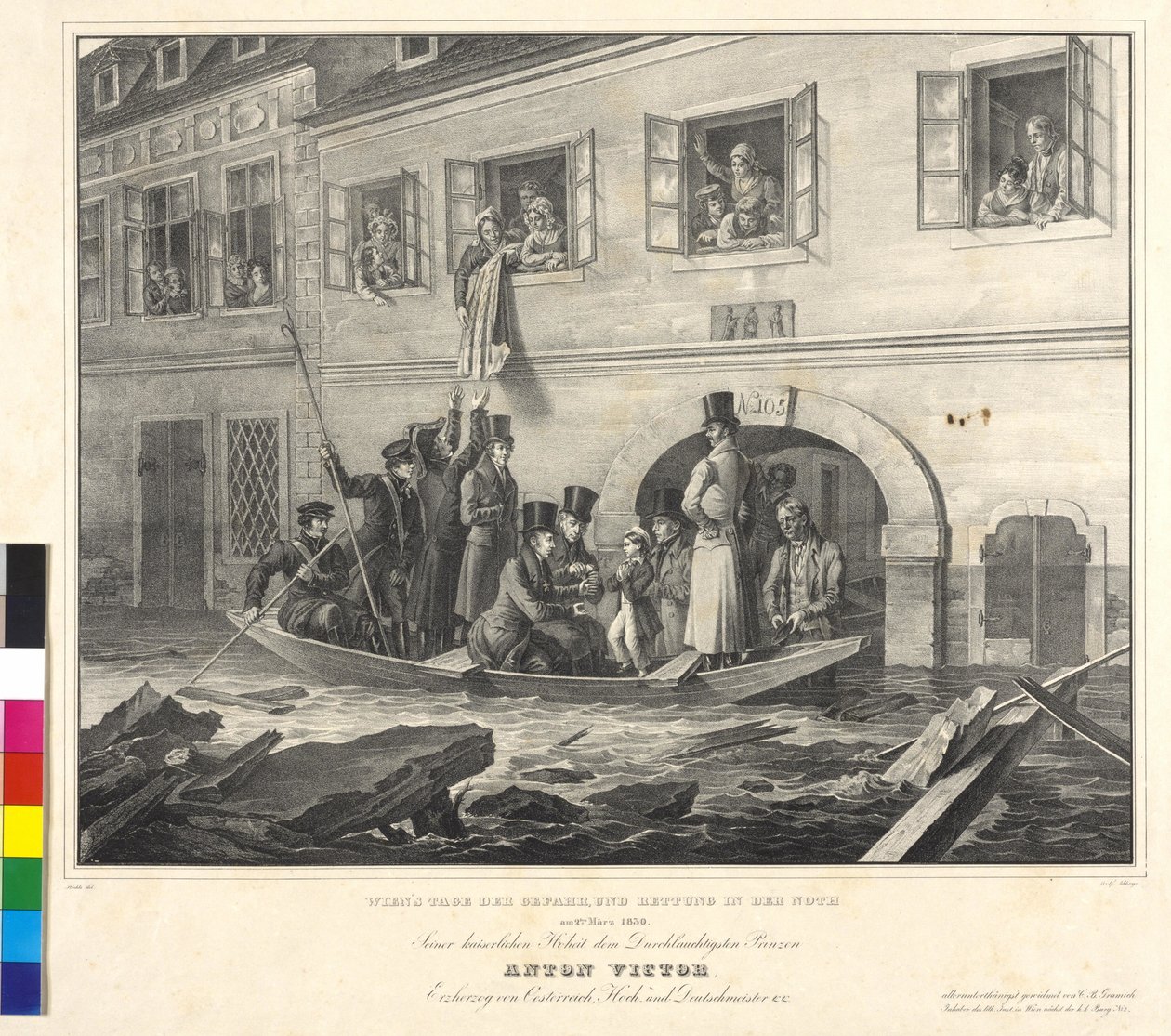 Wienin vaarapäivästä ja pelastustoimista Nothissa 2. maaliskuuta 1830 (litografia). tekijältä Johann Nepomuk Hoechle