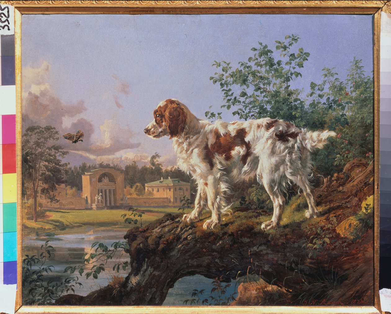 Kuzminkin kiinteistö. Karuselli. Koira maisemassa. Johann Nepomuk Rauchin (1804-1847) työ, öljy pahville tekijältä Johann Nepomuk Rauch