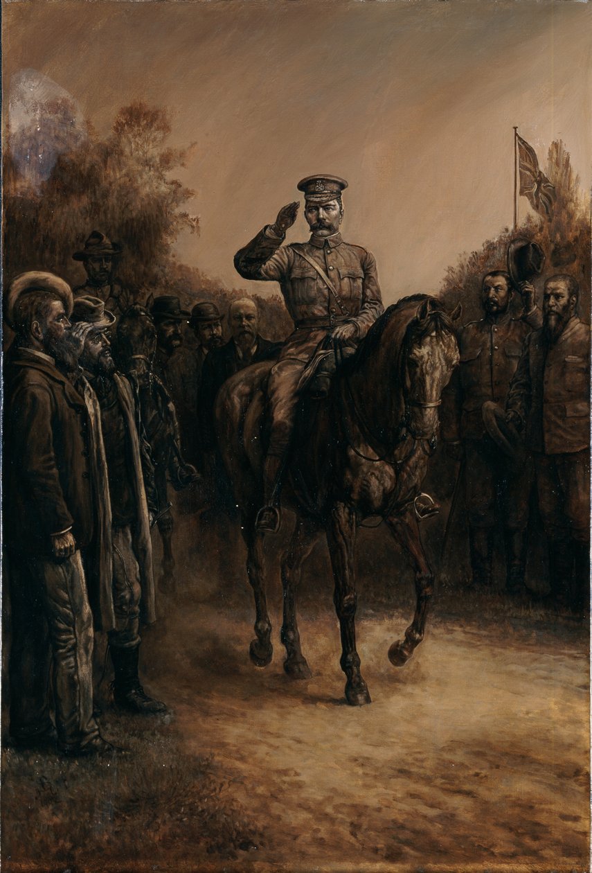 Kenraali Lord Kitchener tervehtii ratsastaessaan buurijohtajien ohi, jotka seisovat hattuaan nostaen, 1902 tekijältä Johann Nepomuk Schonberg