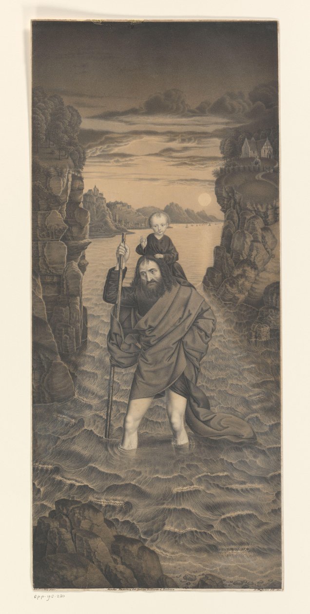 Pyhä Christopher ylittää joen Kristus-lapsi olkapäillään Teoksia Boisserée-veljesten kokoelmasta (sarjan nimi) Galerie des Frères Boisserée (sarjan nimi) tekijältä Johann Nepomuk Strixner