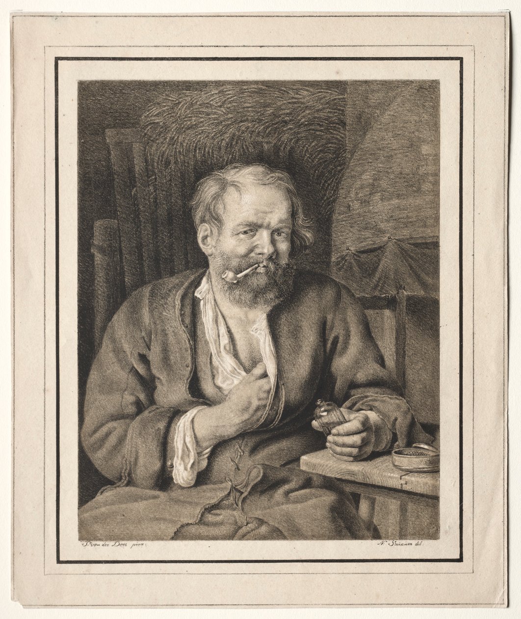 Talonpoika istuu pöydässä, polttaa piippua, 1817-1821. tekijältä Johann Nepomuk Strixner