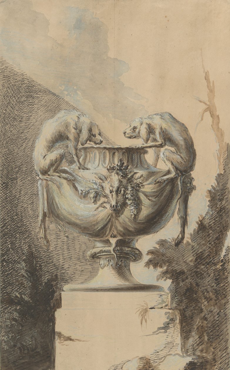 Suunnittelu puutarhamaljakkoon metsästysteemalla, n. 1740. tekijältä Johann Paul Egell