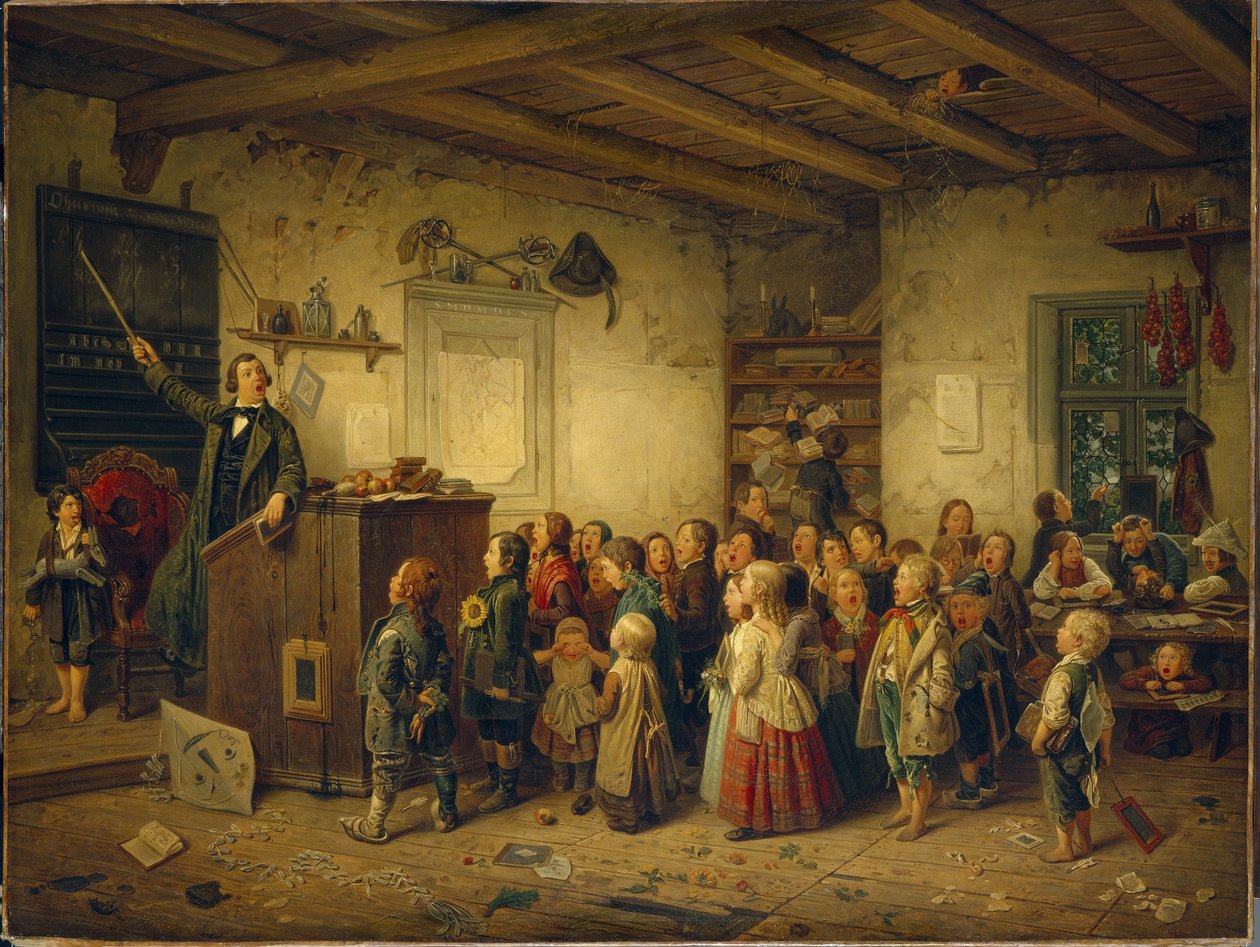 Hieronymus Jobsin opettaja. Ote Jobsiade-sarjasta. (H. Jobs opetus. Sarjasta Jobsiada). Jobsiadit eli teologian kandidaatin elämä Mr. Jobs, saksalainen sarjakuva tohtori Conrad Arnold Kortumista (1745-1824). Täällä edustettuna oleva kohtaus dec tekijältä Johann Peter Hasenclever