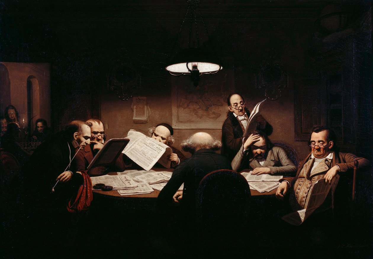 ""Lukuhuone"" Miehet hämärän pöydän ympärillä lukevat lehdistöä - Johann Peter Hasencleverin (1810-1853) maalaus 1843 Staatliche Museen, Berliini tekijältä Johann Peter Hasenclever