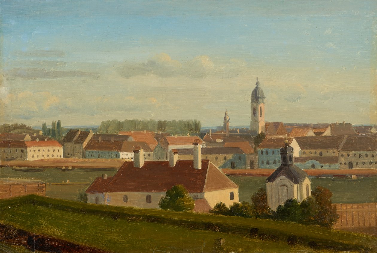 Näkymä Tonavan kanavan yli Leopoldstadtiin tekijältä Johann Peter Krafft