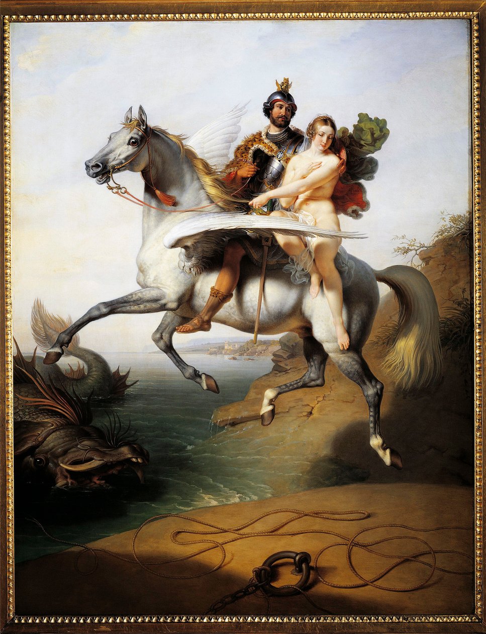 Ruggero ja Angelica ratsastavat virtahepolla (Orlando furiososta) tekijältä Johann Peter Krafft