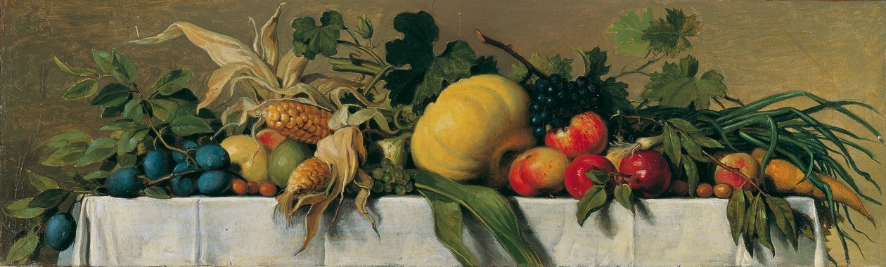 Asetelma hedelmien ja vihannesten kanssa valkoisella pöytäliinalla tekijältä Johann Peter Krafft