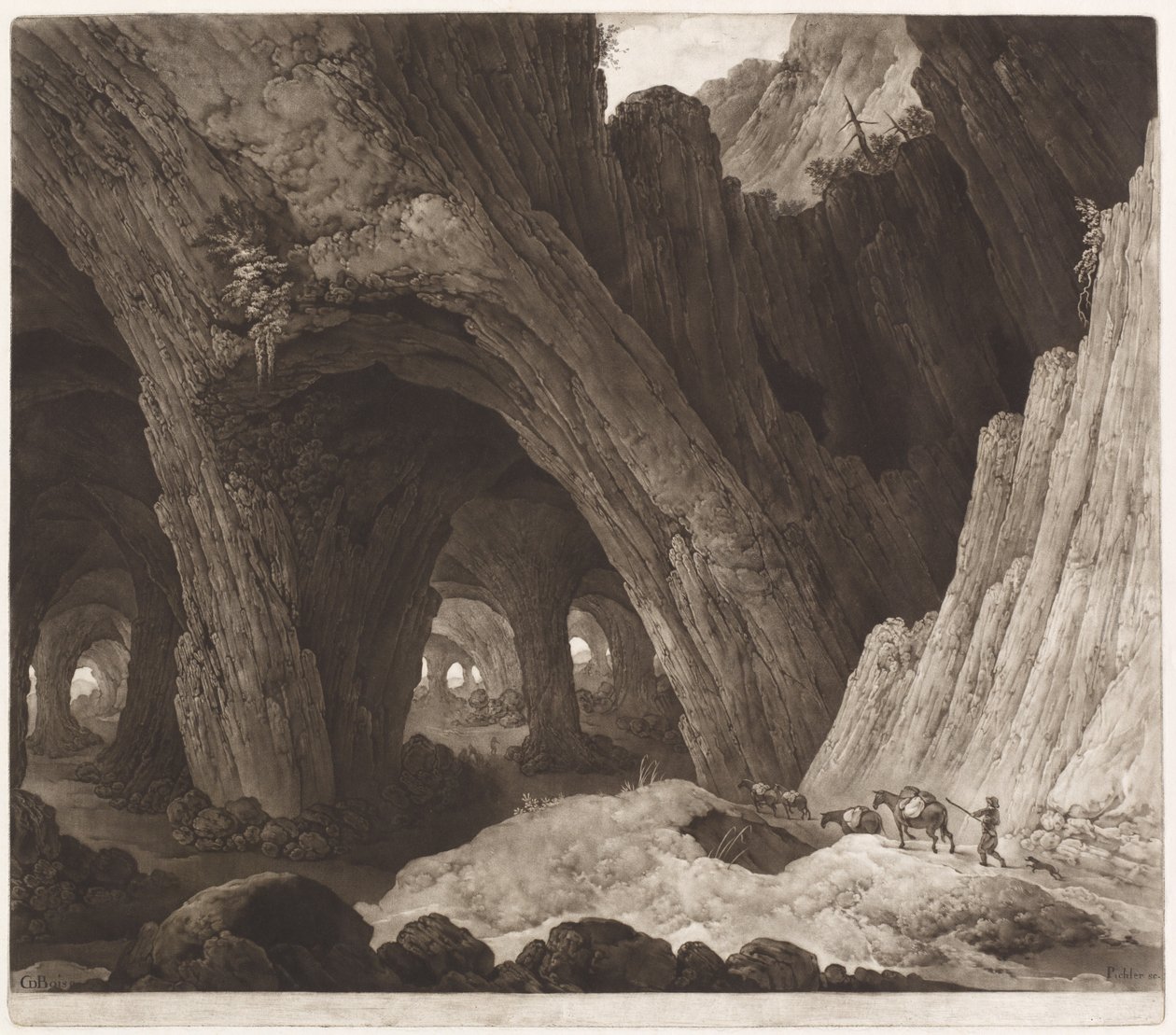 Matkailijat lepäävät jättimäisissä luolissa tekijältä Johann Peter Pichler, after Guillam Dubois