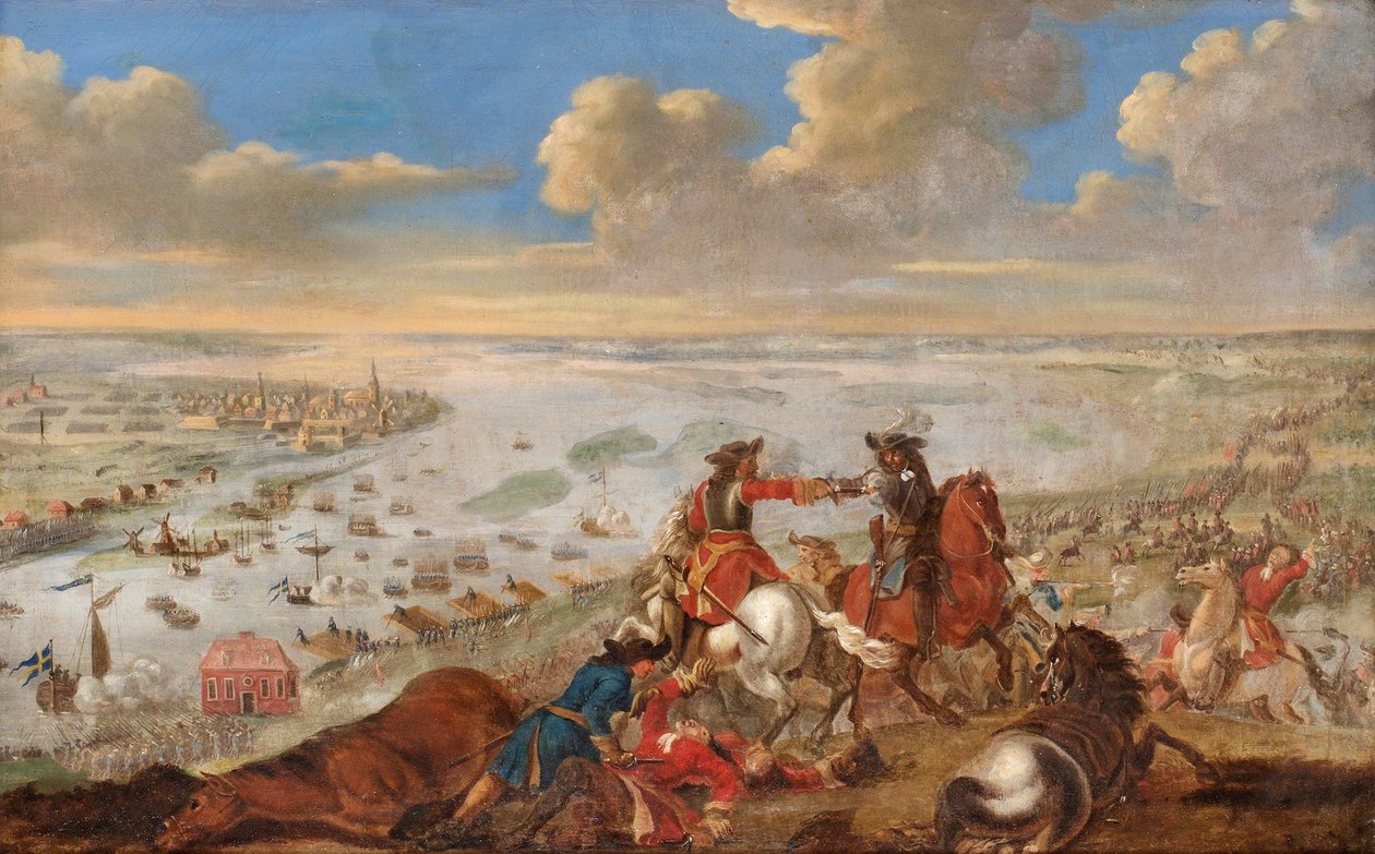 Suuri Pohjansota: Ruotsin Kaarle (Carl) XII (1682-1718) ylitti Daugavan vuonna 1701 voiton jälkeen Daugavan taistelussa (tai Dunan taistelussa) Latviassa - Johann Philip Lemken (1631-1711) maalaus, öljy kankaalle (72,5x114 cm) tekijältä Johann Philip Lemke
