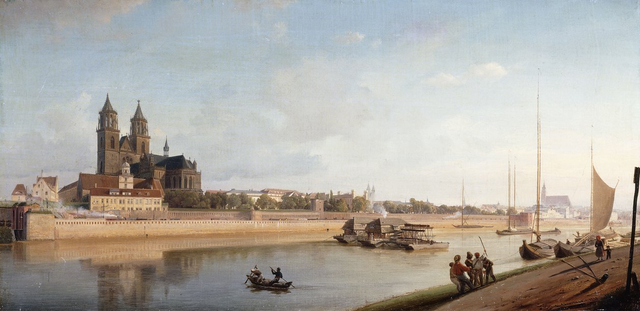 Magdeburg Elbe-joen rannalla - Näkymä idästä länteen; Magdeburg Elben rannalla; Näkymä idästä länteen, 1853 tekijältä Johann Philipp Eduard Gartner