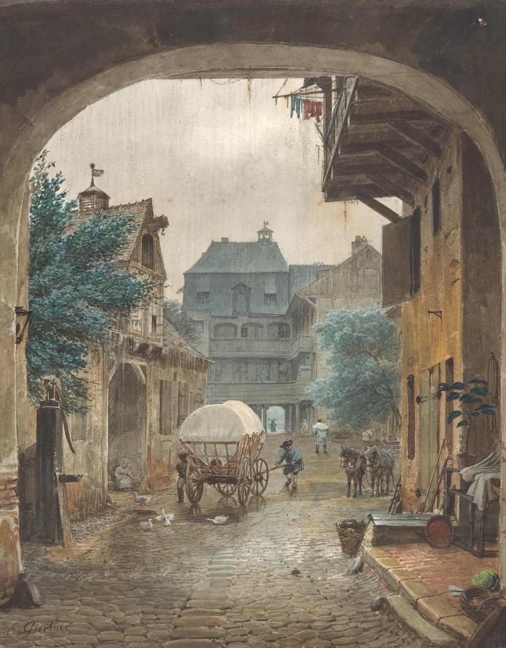 Näkymä Colmarin majatalon sisäpihalle, 1821-77. tekijältä Johann Philipp Eduard Gartner