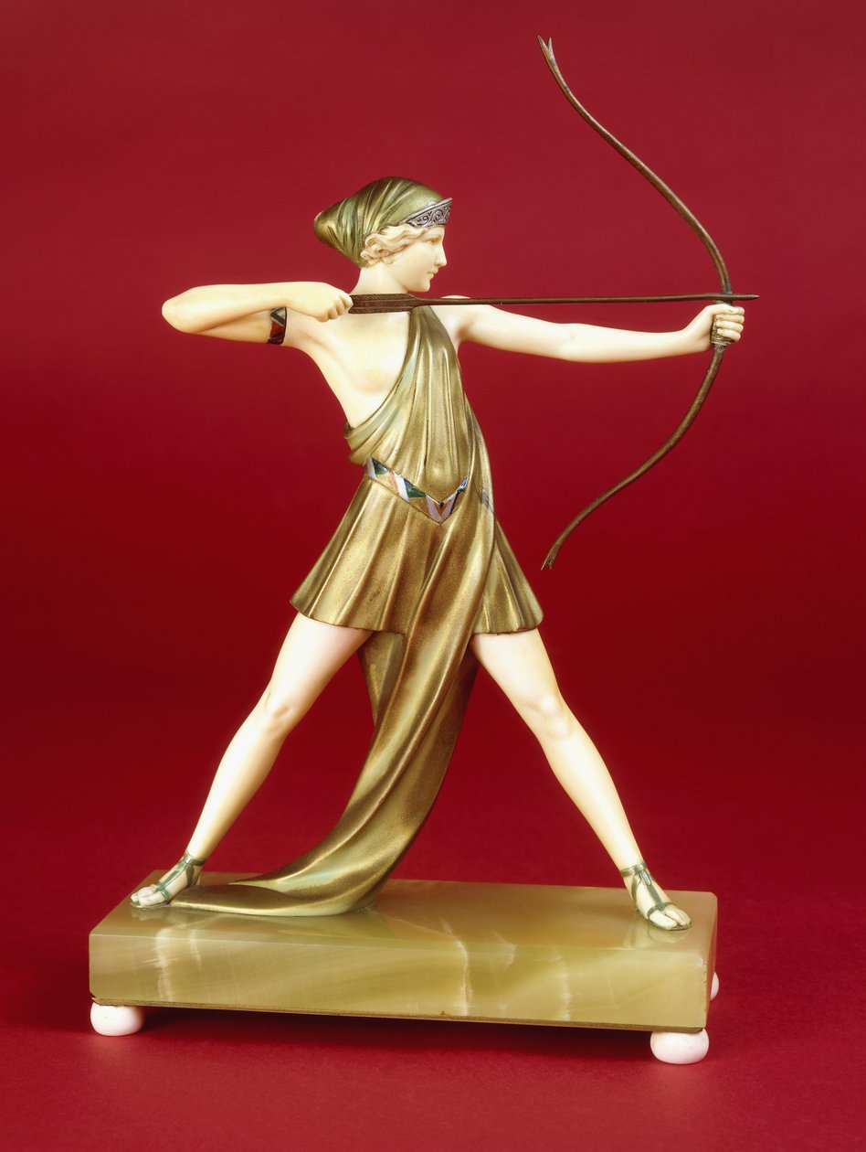 The Archer (pronssi- ja norsunluuhahmo, vihreä onyksijalka norsunluun jaloissa) tekijältä Johann Philipp Ferdinand Preiss