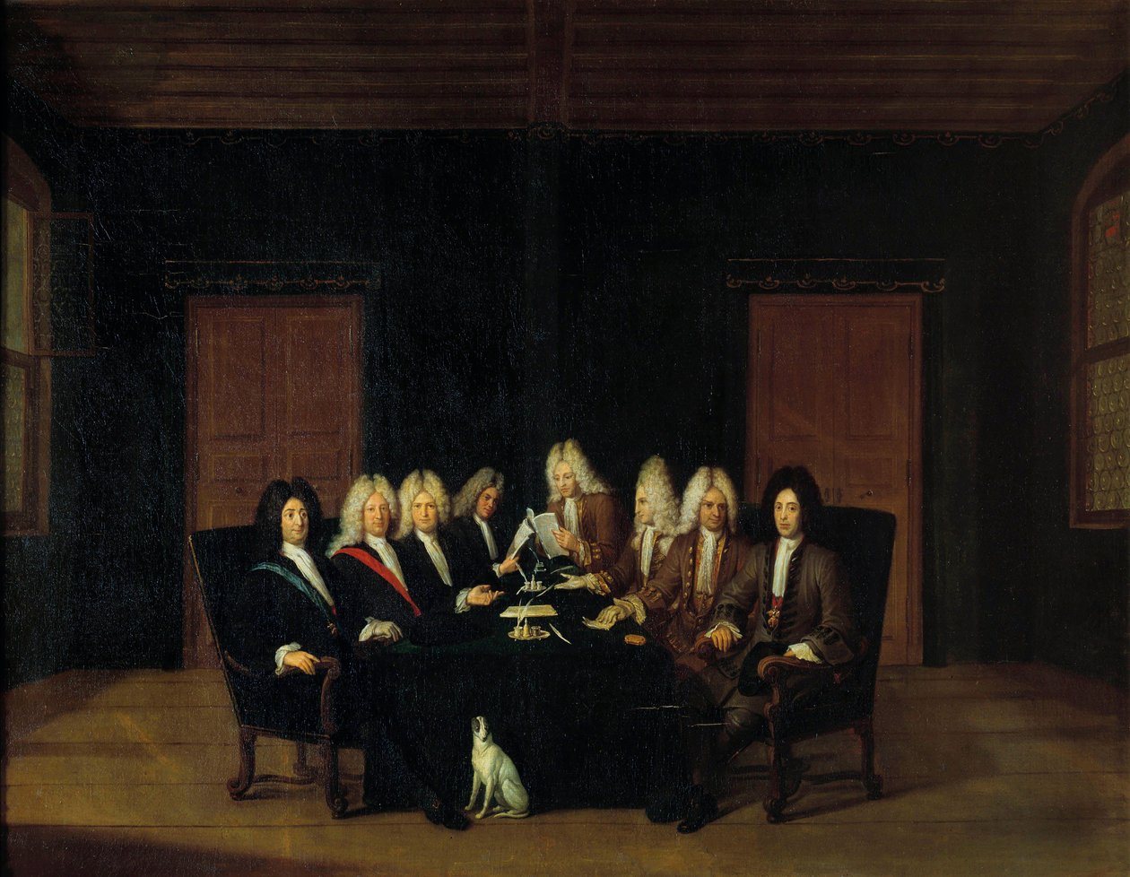 Espanjan perintösota: "" Valtuutetut kokoontuivat Marechalin Villarsin herttua ja Savoy-Carignanin prinssi Eugene (Savoie Carignan, Soissonsin kreivi (1663-1736) ympärille rauhankongressissa Bordenissa 7.9.1714" ” Johan Rudolin maalaus tekijältä Johann Rudolph the Elder Huber