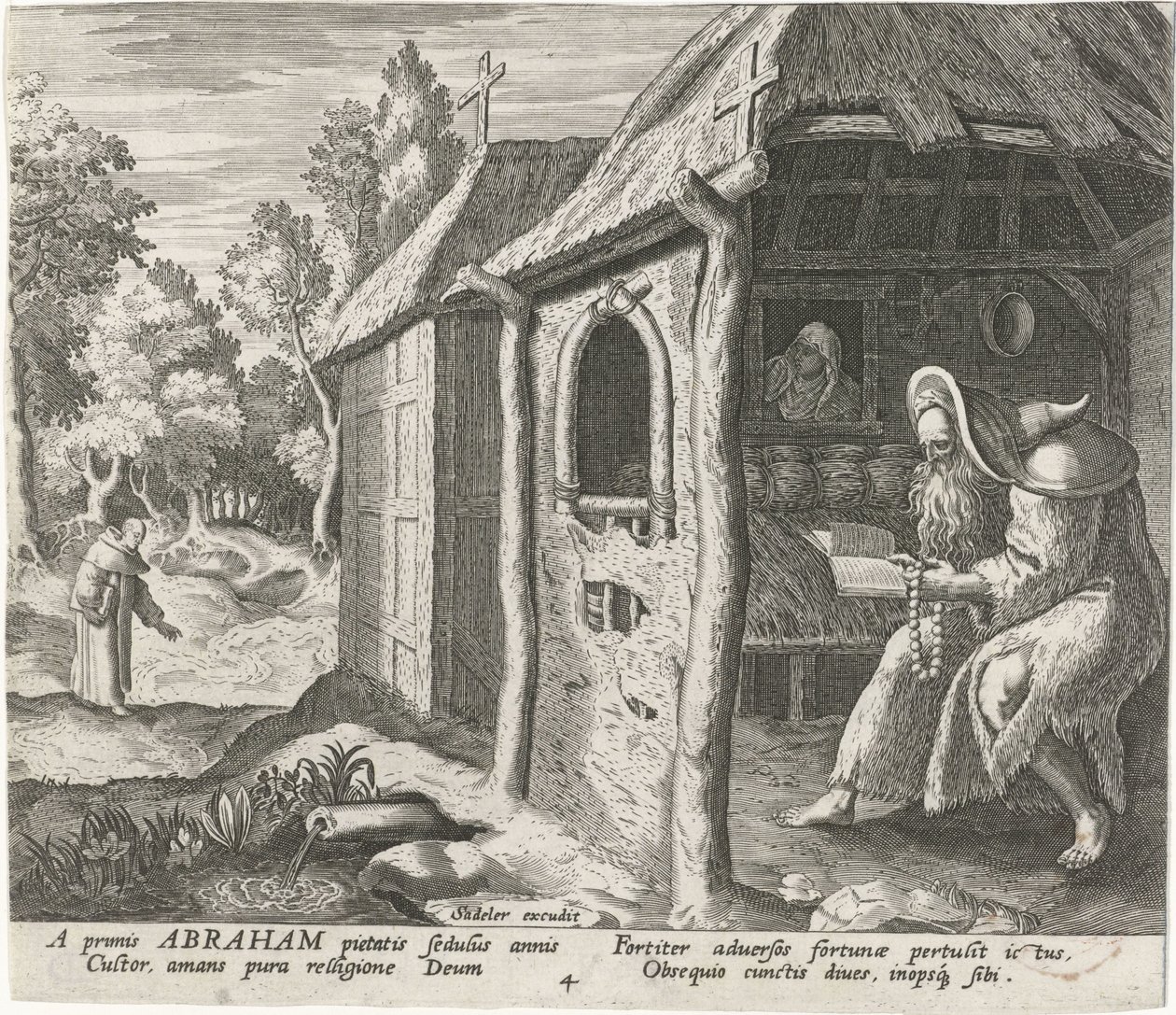 Abraham Edessan erakkona Mies Erakot (sarjan nimi) Solitudo Sive Vitae Patrum Eremicolarum (sarjan nimi) tekijältä Johann Sadeler (I)