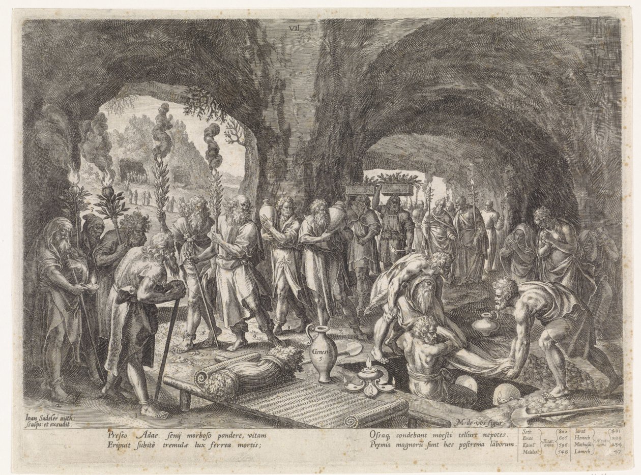 Adamin hautaaminen Setin perheen historia / Hyvän ja huonon tuomitseminen (sarjan nimi) Bonorum et Malorum consensio (sarjan nimi) tekijältä Johann Sadeler (I)