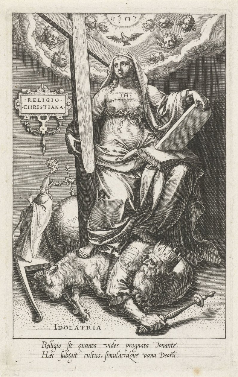 Kristillinen uskonto (Religio Christiana) voittaa epäjumalanpalveluksen (Idolatria) Uskonto Christiana (otsikko esineessä) Hyveet voittivat paheet (sarjan nimi) tekijältä Johann Sadeler (I)