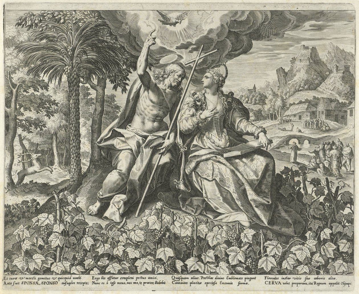 Kristus ja hänen morsiamensa viinitarhassa Song of Solomon (sarjan nimi) Canticum Canticorum (sarjan nimi) tekijältä Johann Sadeler (I)