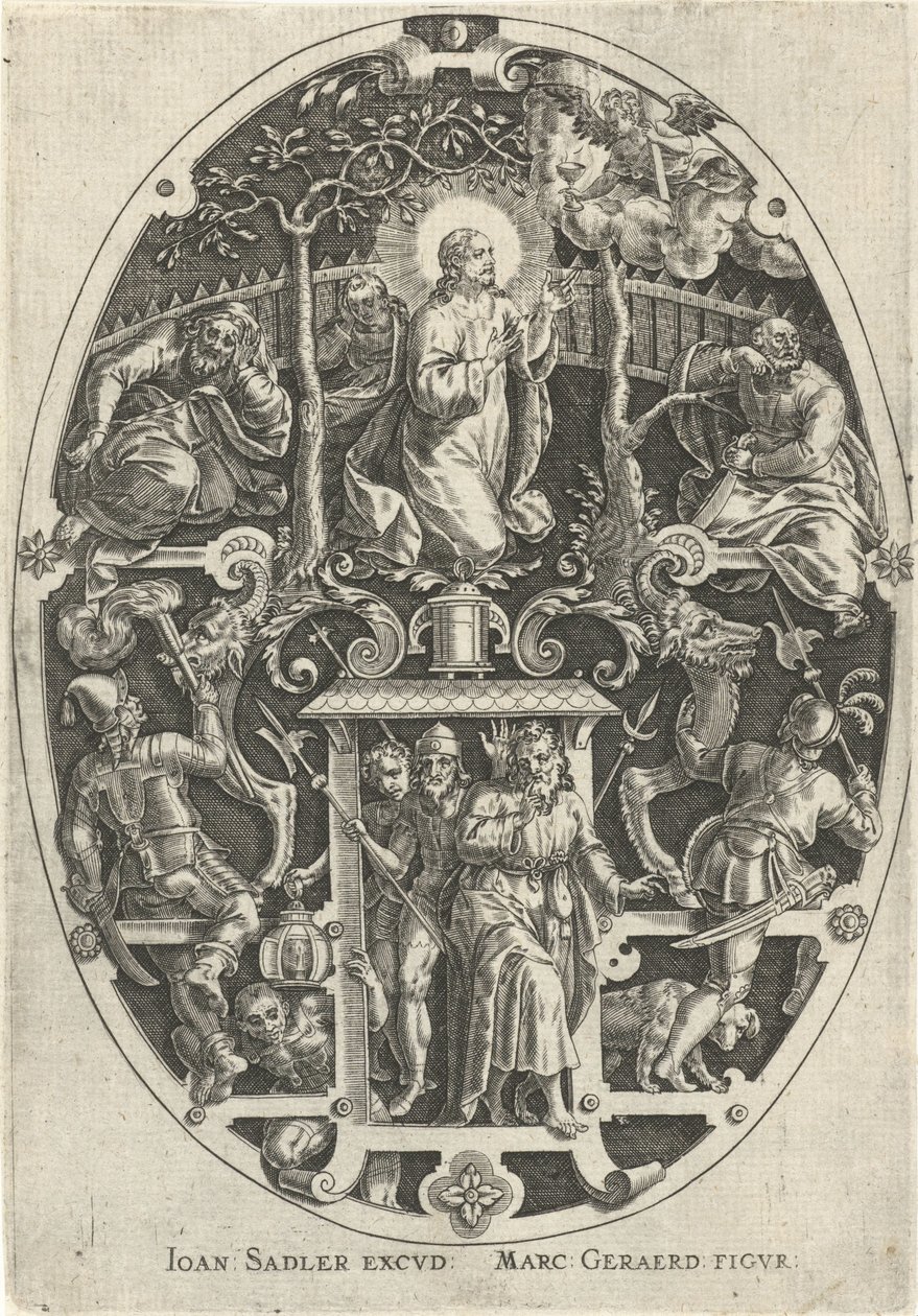 Kristus Getsemanen puutarhassa Passie van Christus (sarjan nimi) Kristuksen kärsimys, meidän lunastus (sarjan nimi) tekijältä Johann Sadeler (I)