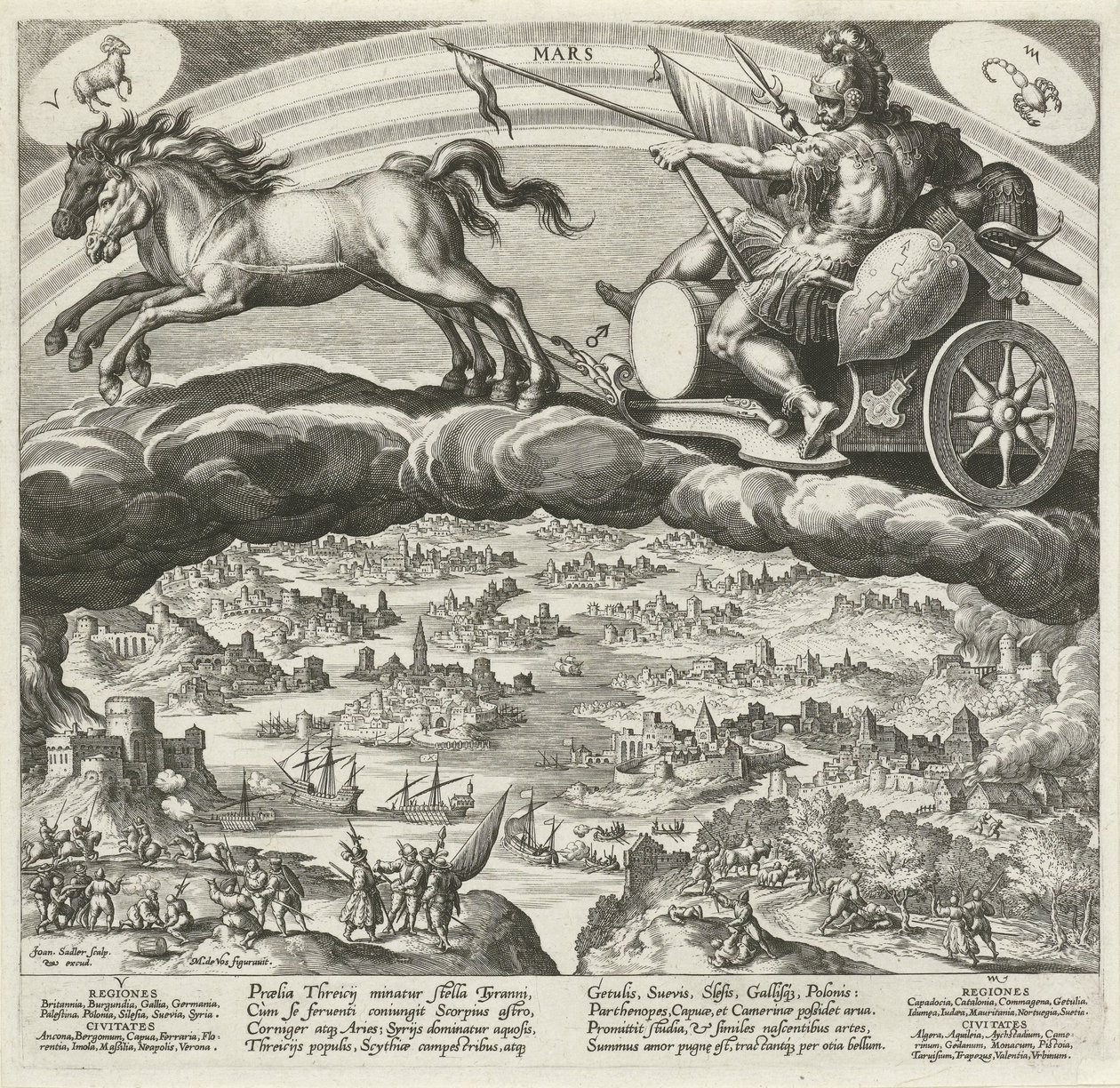 Mars-planeetta ja sen vaikutus maailmaan The Seven Planets (sarjan nimi) Planetarum effectus et eorum in signis zodiac (sarjan nimi) tekijältä Johann Sadeler (I)