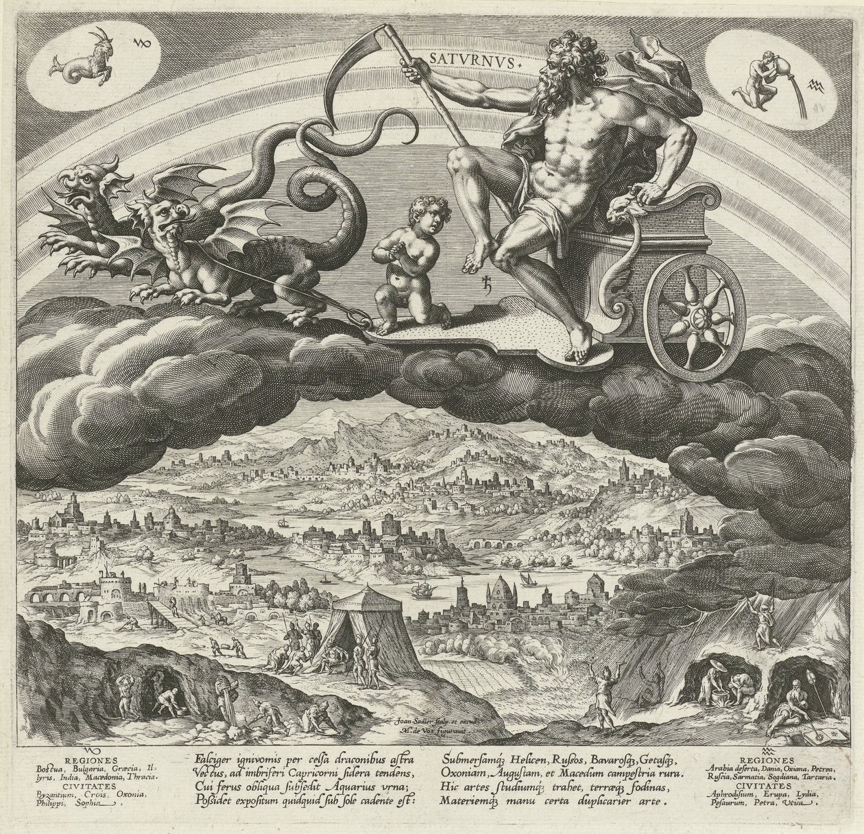 Planeetta Saturnus en zijn vaikuttaa op de wereldiin The Seven Planets (sarjan nimi) Planeettojen ja niiden merkkien vaikutukset horoskoopissa (sarjan nimi) tekijältä Johann Sadeler (I)