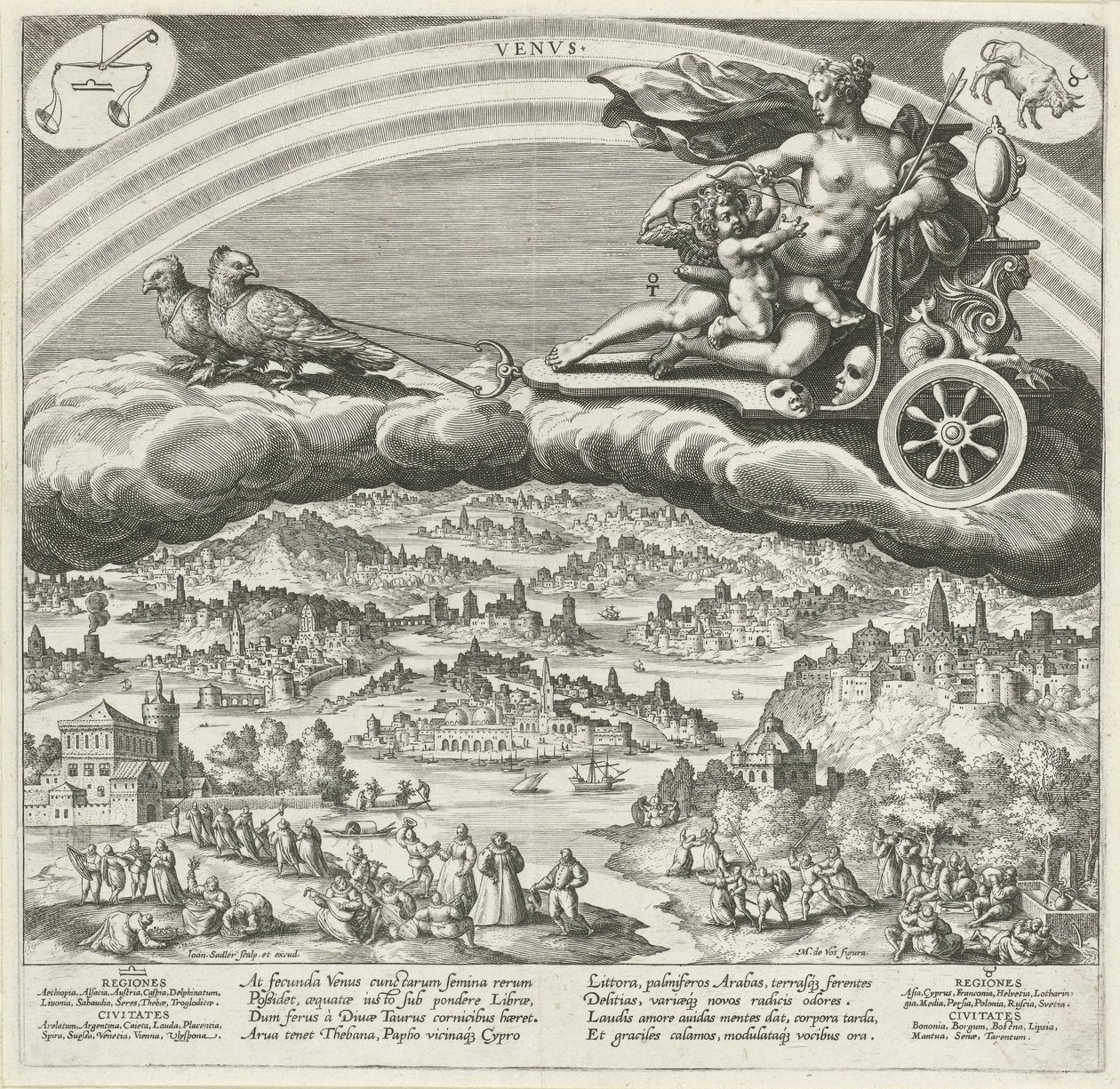 Planeetta Venus ja sen vaikutus maailmaan The Seven Planets (sarjan nimi) Planetarum effectus et eorum in signis zodiac (sarjan nimi) tekijältä Johann Sadeler (I)