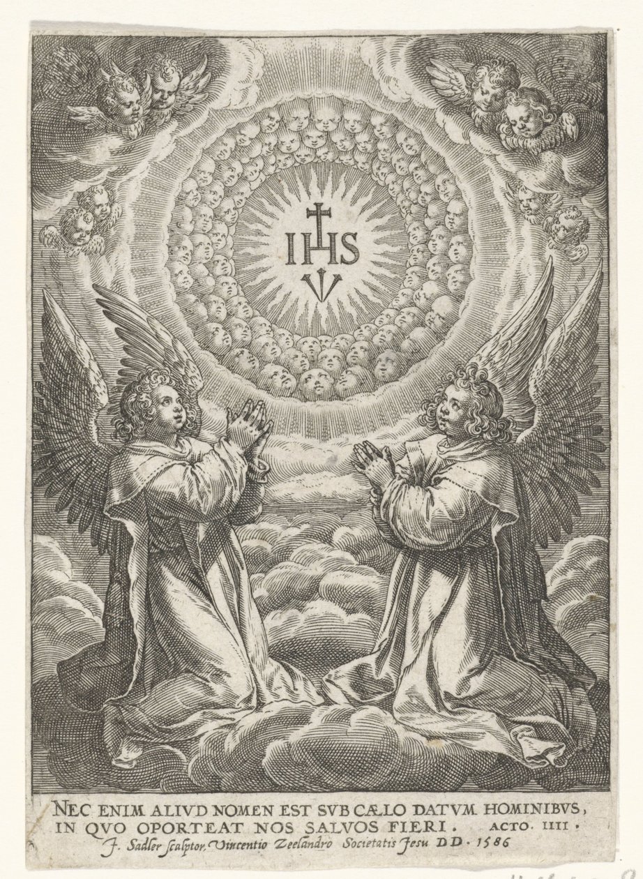 Enkelit palvovat Kristuksen monogrammia tekijältä Johann Sadeler (I)