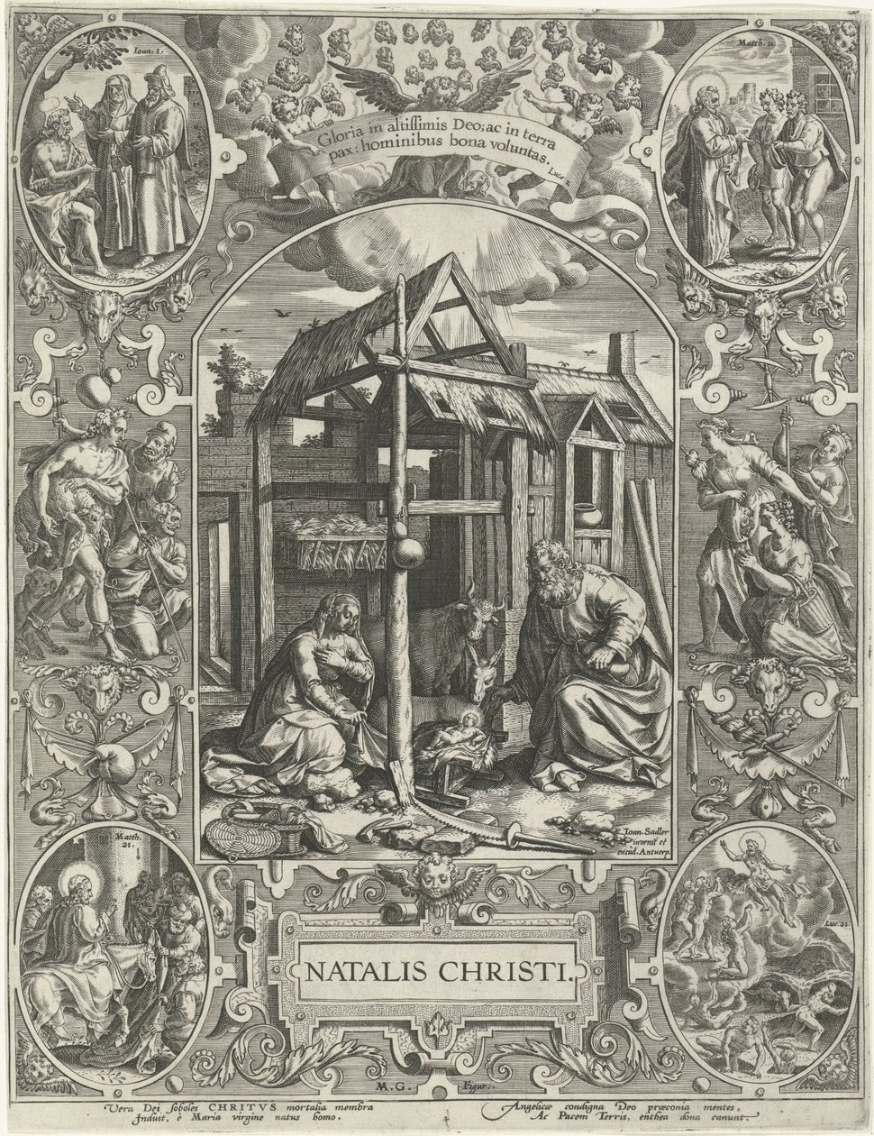 Syntymä: Joulu Natalis Christi (otsikko esineessä) Neljä tärkeintä kristillistä juhlapäivää (sarjan nimi) tekijältä Johann Sadeler (I)