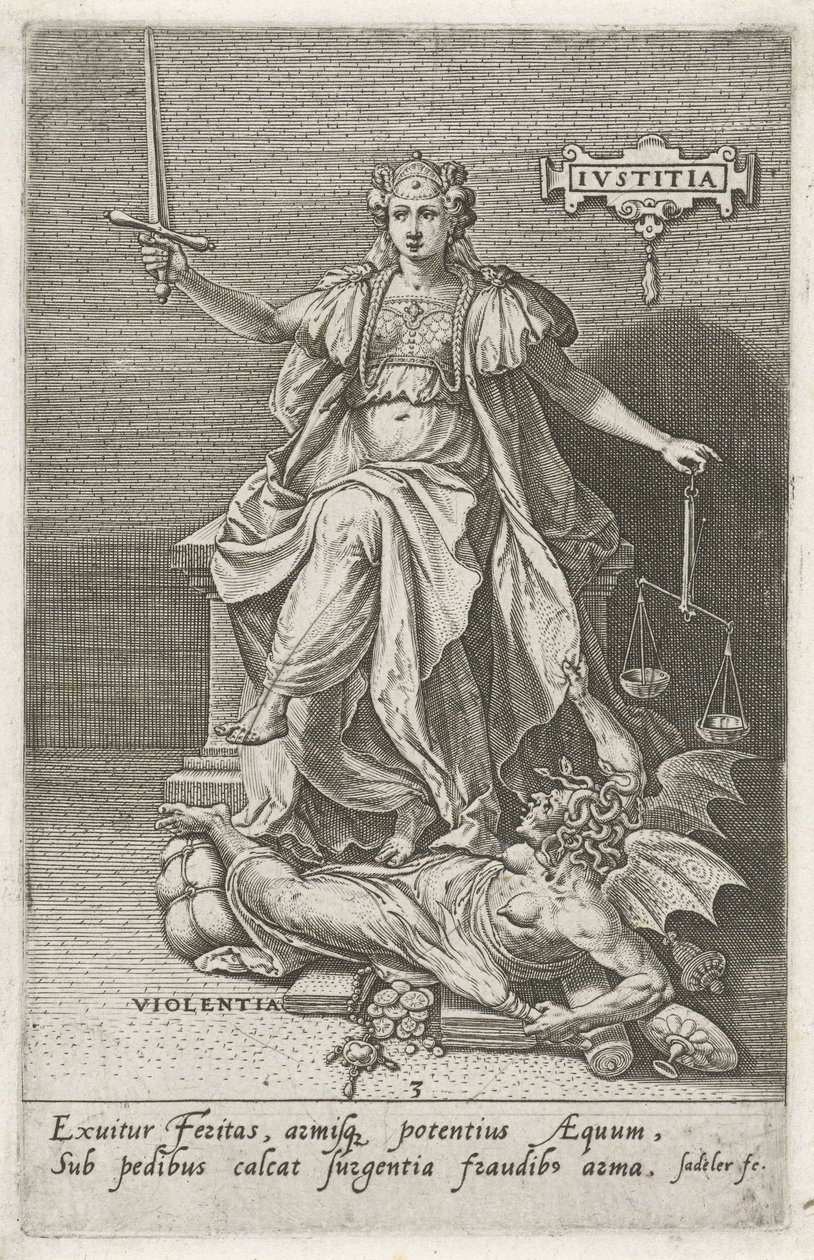 Oikeus (Justitia) voittaa väkivallan (Violentia) Oikeus (otsikko esineessä) Hyveet voittivat paheet (sarjan nimi) tekijältä Johann Sadeler (I)