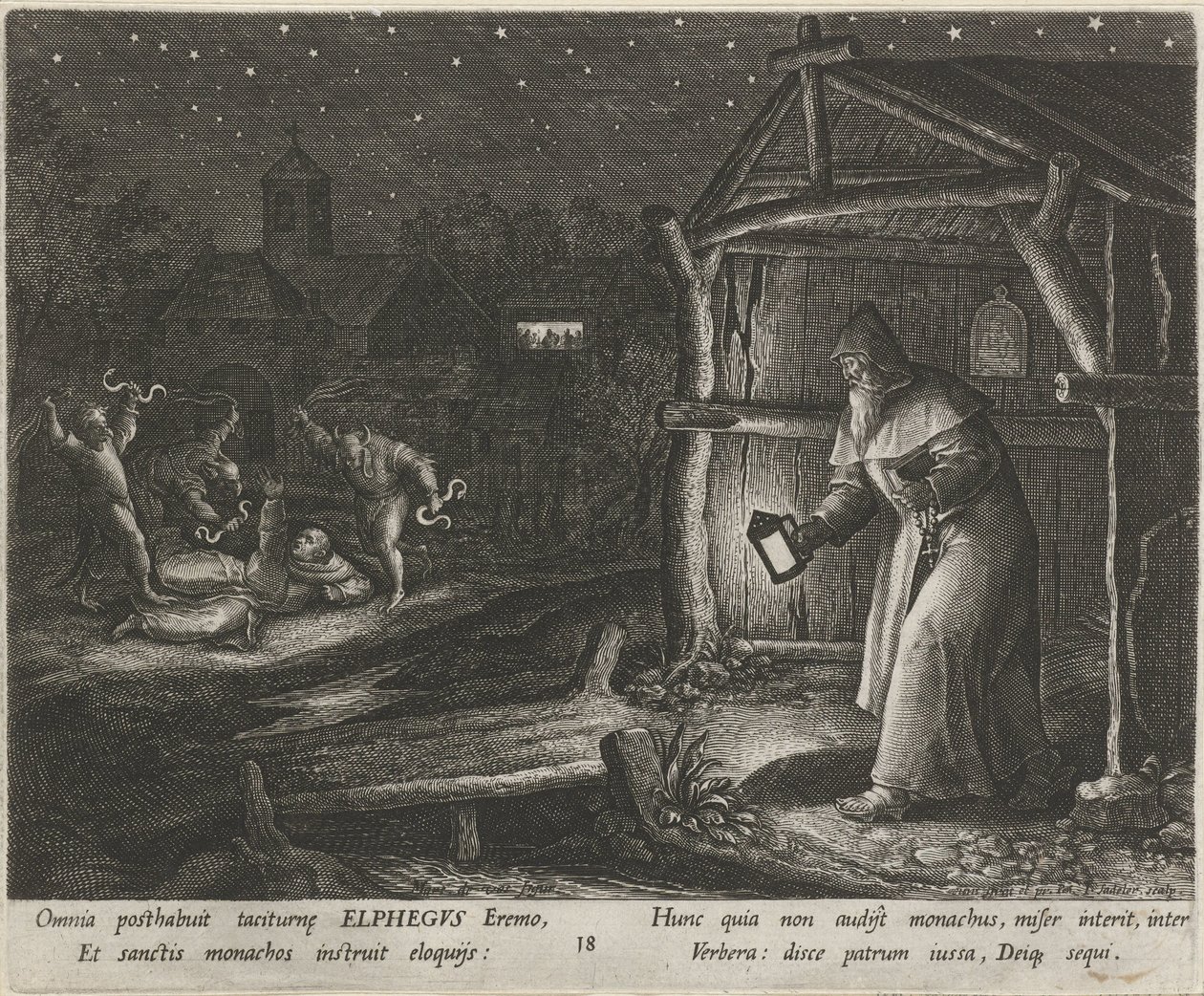 Saint Alphegus Canterburysta erakkona Erakoiden hyveellinen elämä (sarjan nimi) Trophaeum vitae solitariae (sarjan nimi) tekijältä Johann Sadeler (I)