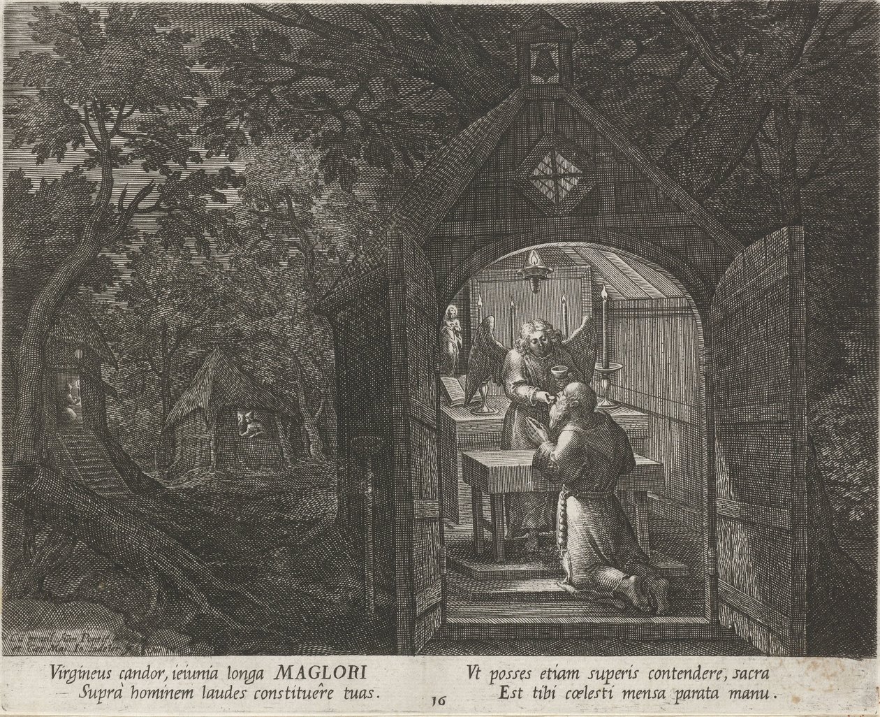 Saint Maglor erakkona Erakot (sarjan nimi) Oraculum Anachoreticum (sarjan nimi) tekijältä Johann Sadeler (I)