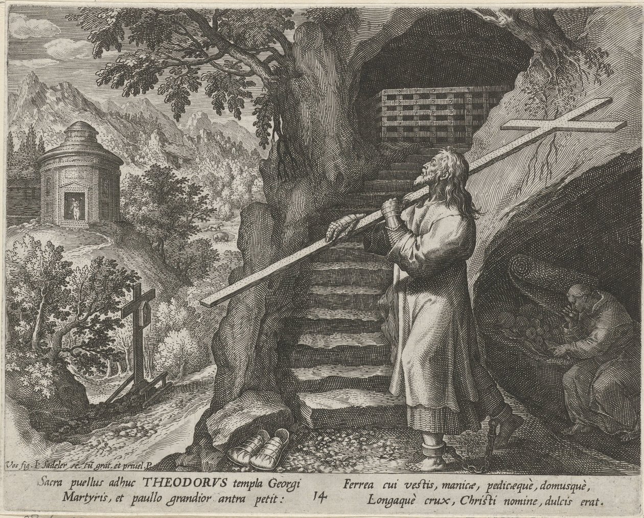 Saint Theodore Tiro Erakkona Erakoiden hyveellinen elämä (sarjan nimi) Trophaeum vitae solitariae (sarjan nimi) tekijältä Johann Sadeler (I)