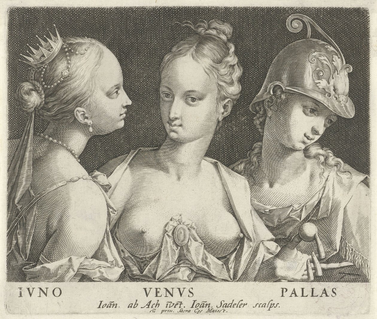 Juno, Venus ja Minerva Ivno Venvs Pallas (otsikko esineessä) tekijältä Johann Sadeler (I)