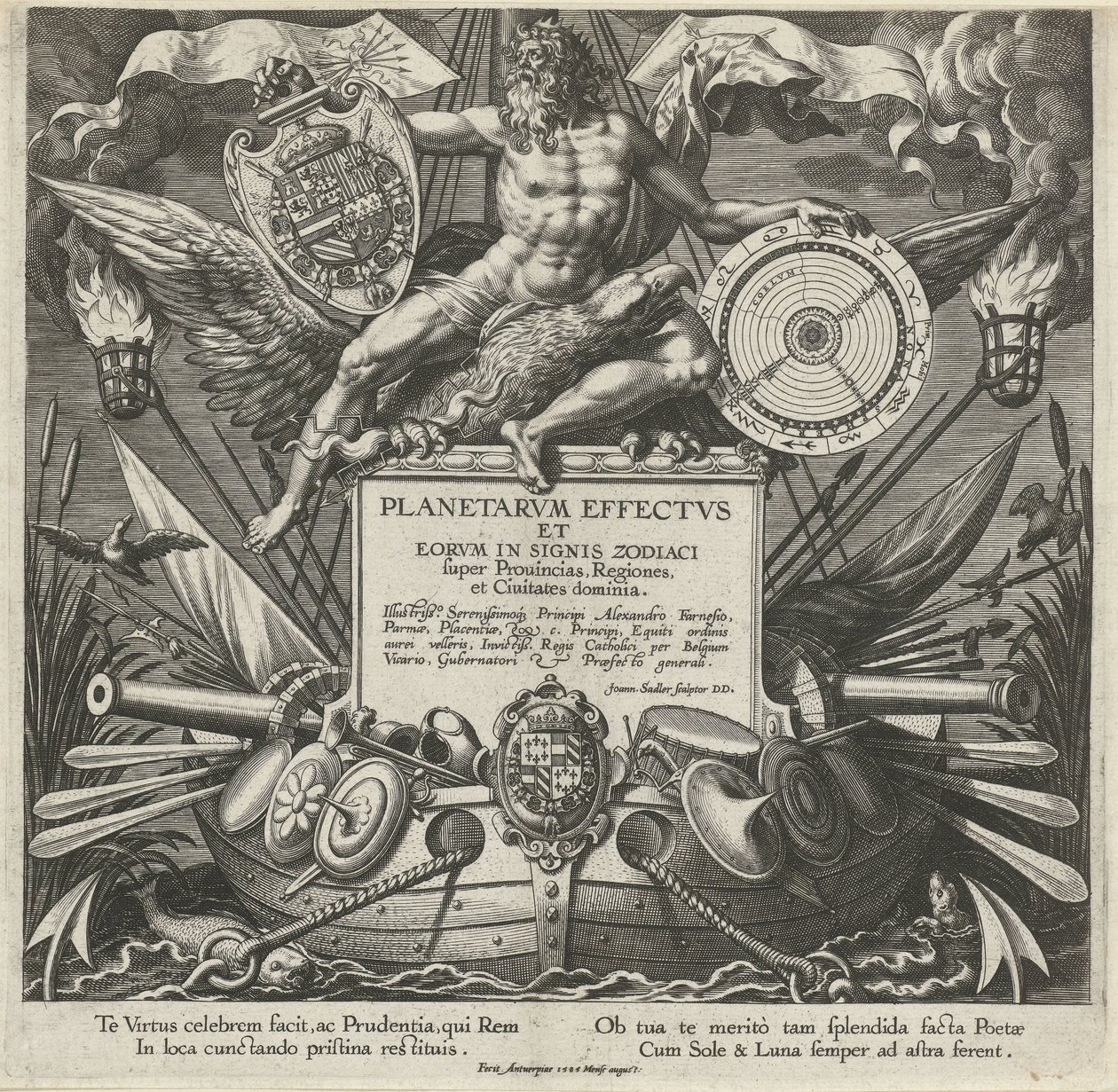 Jupiter en een oorlogsschip tapasi Alessandro Farnesen Titelprent van een prentserie over de influence van de planeten over streken Planeettojen ja niiden merkkien vaikutukset horoskoopissa (sarjan nimi) Planetarvm Effectvs ja eorvm horoskooppimerkeissä (s tekijältä Johann Sadeler (I)