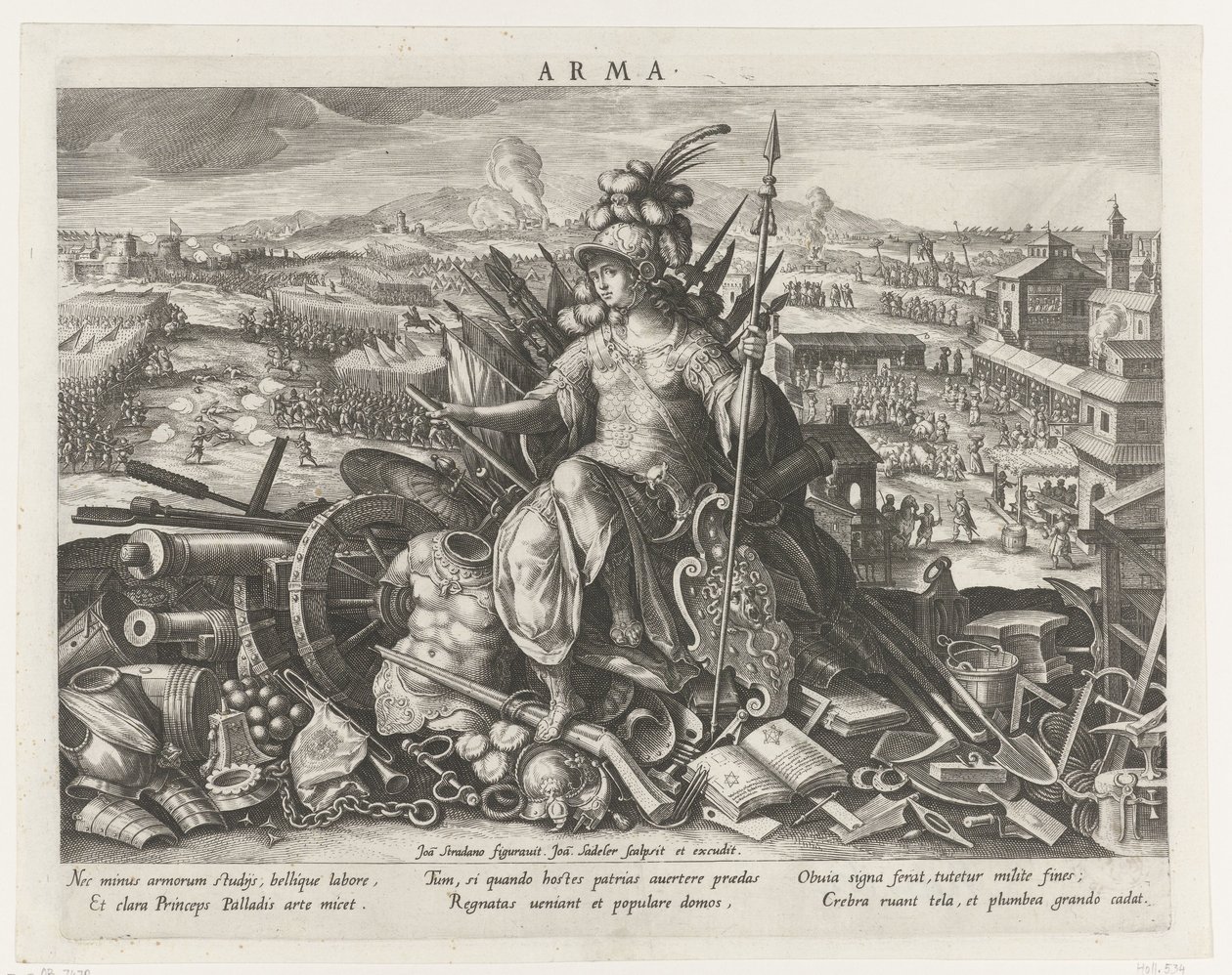 Minerva kamppailulajin suojelijana Arma (otsikko esineessä) Prinssin päätoiminnat (sarjan nimi) Schema, seu speculum principum (sarjan nimi) tekijältä Johann Sadeler (I)