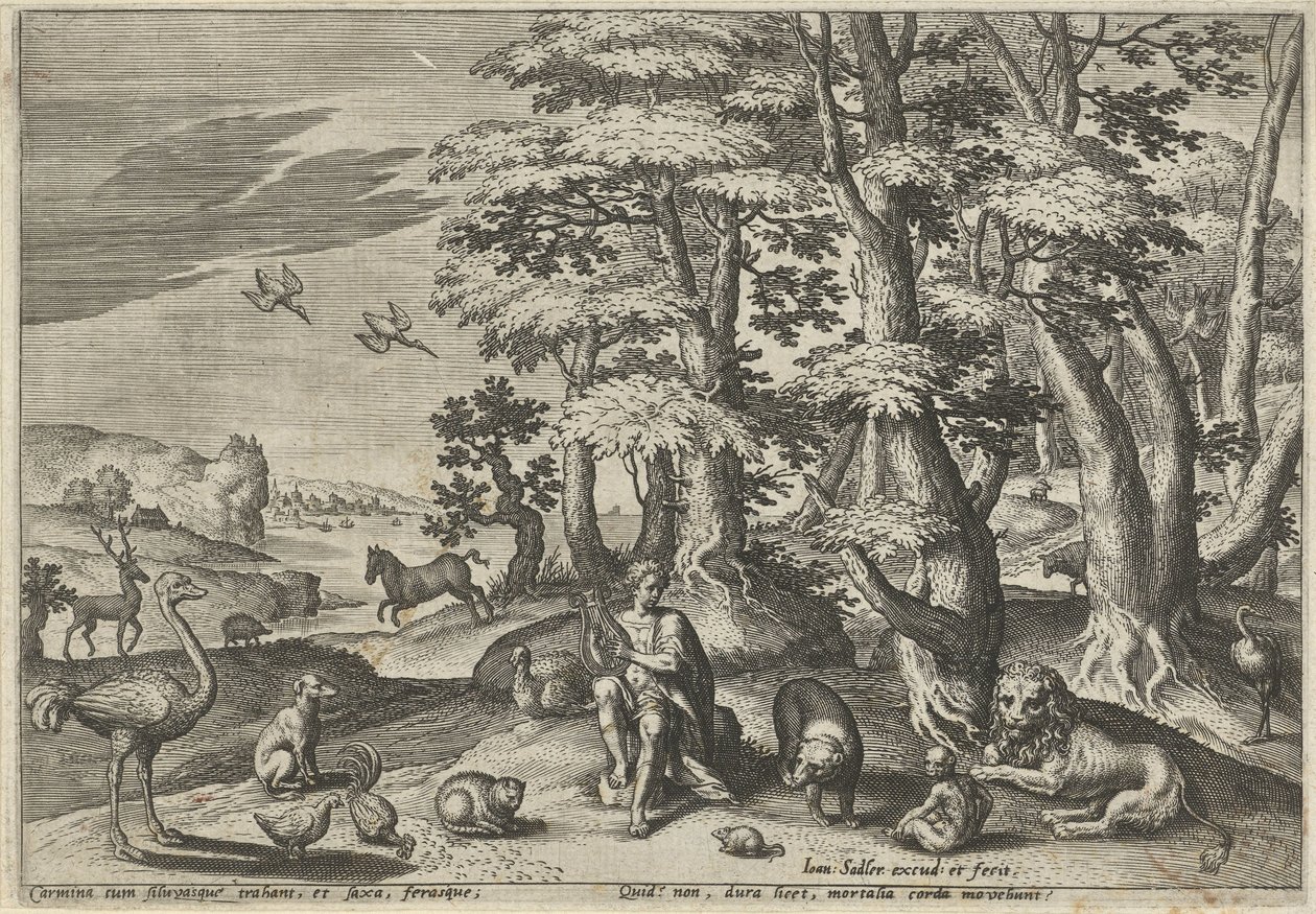 Orpheus tekee musiikkia eläimille Maisemat mytologisilla kohtauksilla (sarjan nimi) tekijältä Johann Sadeler (I)